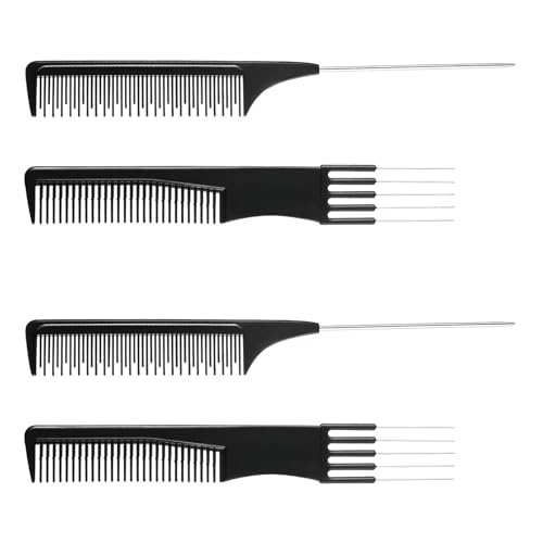 4 peines de tupier para mujer, peine de mango de aguja para tupier, peine profesional para peluquería, juego de peine de peluquero, peine negro con horquilla de metal y dientes finos, peine de estilo