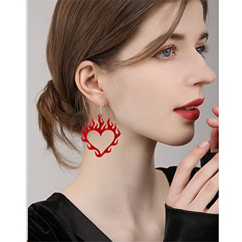 ANXIN Punk Retro Acrylic Hollow Heart Flame Pendant Earrings Unique Exaggerated Personality Hip Hop Style Red Flame Heart Earrings Women's Friends Jewelry Gifts4