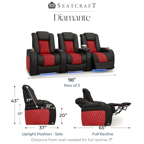 Image of Seatcraft Diamante Black /Red Italian Leather Home Theater Seating, Zero Gravity Power Recliner, Gaming and Home Office Chair, Powered Headrest Furniture for Family Cinema Room, Row of 3