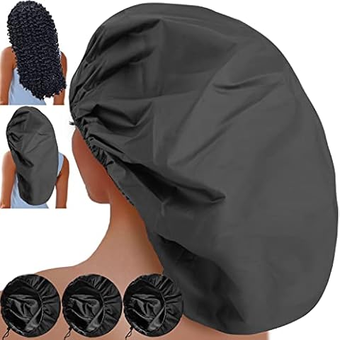 Sheomern 3 Pcs Super Jumbo Adjustable Satin Lined Shower Caps for Long Hair & Braids, Extra Large Shower Cap for Women & Men, Reusable XL with Waterproof Edge for Dreadlocks, Locs (Black) Cover