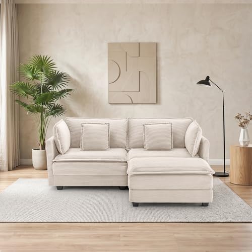 Image of 78.4 inch Corduroy Loveseat Sectional, Small L Shaped Sofa Couch with Ottoman for Apartment, Office, or Bedroom, Beige