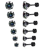 Black Stud Earrings Set Rainbow Topaz 3/4/5/6/7/8mm 316L Stainless Steel Earrings for Women Men Barbell Stud Ear Jewelry