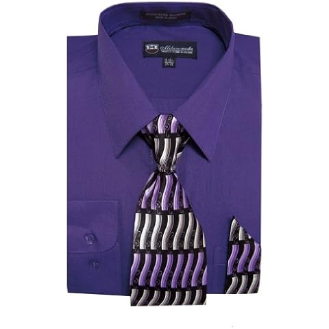 Milano Moda Men's Long Sleeve Dress Shirt With Matching Tie And Handkie SG21A-Purple-18-18 1/2-36-37 Cover