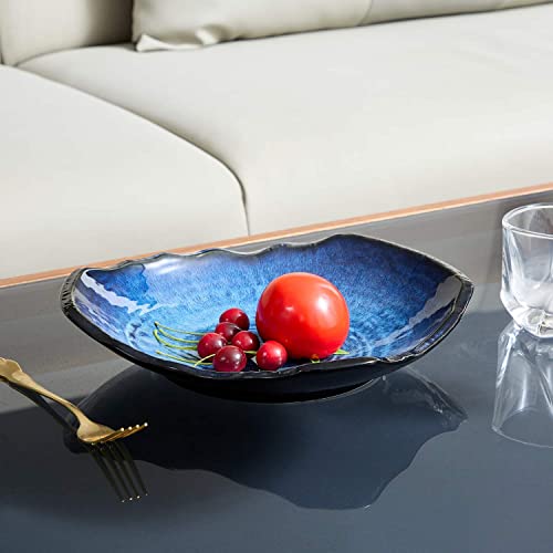 VOMANA Ceramic Decorative Dish, Blue Pottery Decorative Bowl, Porcelain Versatile Centerpiece Decor, Key Bowl with Blue Patten Glaze for Decor Entryway Table Living Room Dining Table (12'' Dish)