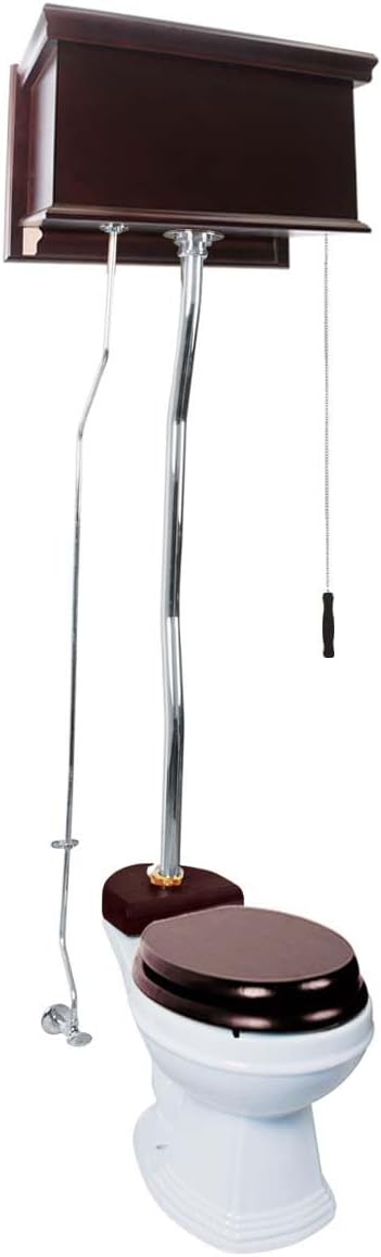 Renovators Supply Manufacturing High Tank Pull Chain Toilet With Dark Oak Wooden Flat High Tank 59 In. To 74 In. Adjustable Height Chrome Z Pipe And Round Toilet Bowl