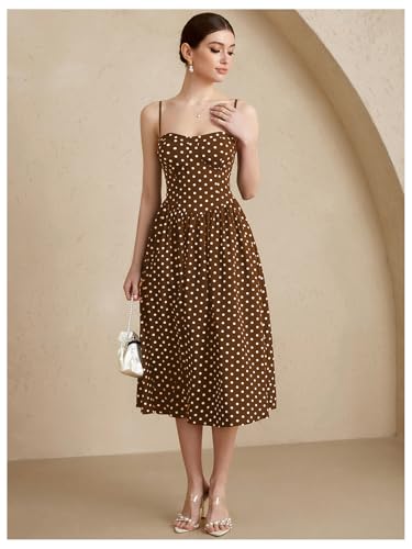 Women's Polka Dots Flared A Line Dress Spaghetti Strap Flowy Midi Vintage Party Dresses4