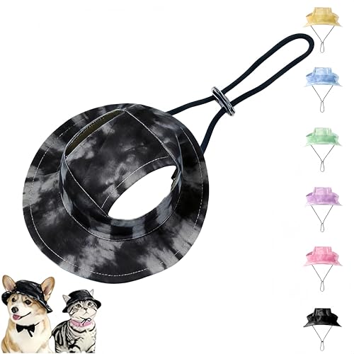 Cat Sun Hat, Dog Bucket Hat, Pet Sport Hat with 2 Ear Holes, Adjustable Sun Protection Bucket Hat for Cats Dogs, Spring Summer Fashion Decorative Hat, Cute Pet Hat Photo Prop Headwear (Black, L)