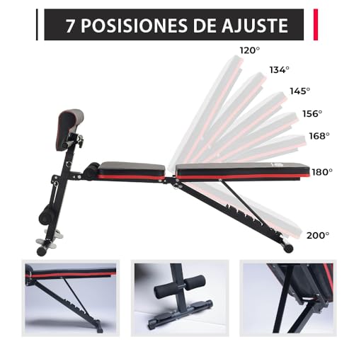 ManiBoom Banco Musculación PLEGABLE Multifuncional con 7 Posiciones Ajustable CARGA 250kg - Banco de Pesas con 2 Bandas de Entrenamiento y Cojín para Bíceps - Banca para Gym en Casa - imagen 7