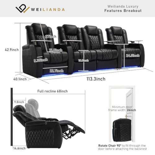 Image of Weilianda Home Theater Seating, Top Grain Leather Movie Theater Chair | Black Row of 4 Loveseat Middle, Zero Gravity, Power Headrest, Tray Table, Electric Reclining Seat for Media Room