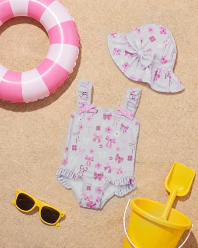 WKTRSM Badeanzug für kleine Mädchen – Einteiliger Baby-Badeanzug mit Sonnenhut – Niedliche Strand-Bademode – Schnell trocknender Badeanzug für Kinder von 3 bis 36 Monaten