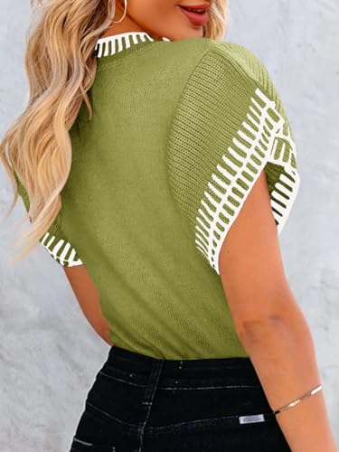 Image of Saodimallsu Womens Short Sleeve Sweater Summer Striped Top Soft Knit Shirts | Ruffle Sleeve,Loose,Crew Neck,Lightweight,Casual,Work,Spring,Womens Tops,Pullover,Fall