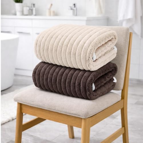 Image of MAXOSHINE Microfiber Towels for Bath-Stripes Bath Towel for Men and Women-Soft Coral Fleece Zero Twist Towel with Hook 400 GSM Quick Dry Super Absorbent-70 x 140 cm