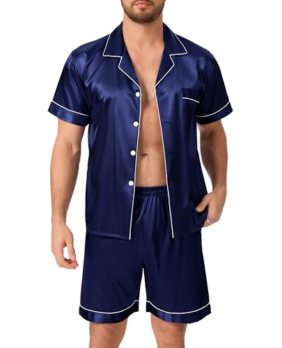 Lovasy Pijamas Saten Hombre Manga Corta Botones Conjunto De Pijama Corto Verano Pijama Shorts Set 2 Piezas,Azul Oscuro,L