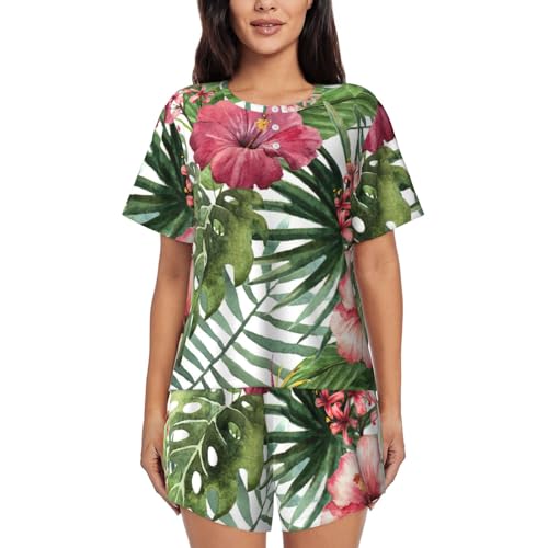 Pyjama 2 pièces femmes à col rond et motif tropical chic confort