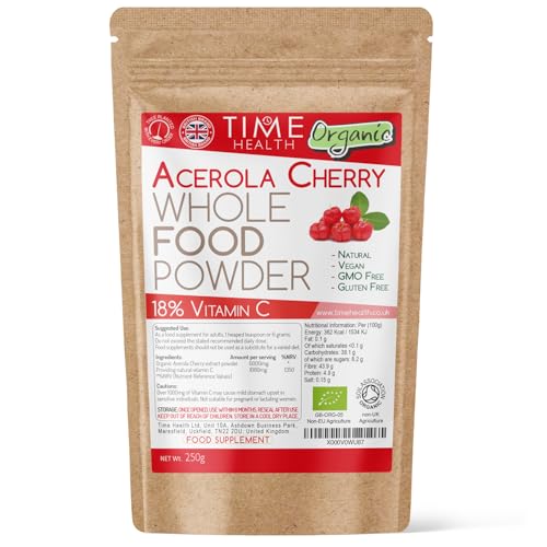 Organic Acerola Cherry Powder - Natural & Wholefood - 18% Vitamin C - Soil Association Approved - GMP Standards - UK Made - Zero Additives (250g Powder Pouch)