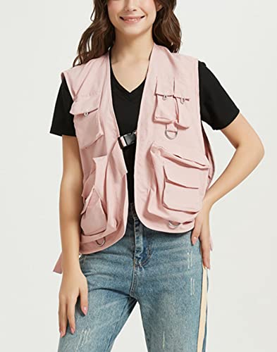 HaoMay Colete feminino com fivela de safári para pesca ao ar livre com vários bolsos, rosa, GG