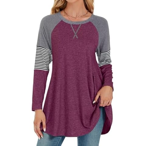 MONNURO Womens Plus Size Long Sleeve Plaid Shirts Color Block Stripe Loose Swing Tunic Tops for Leggings(D-Fushia/D-LightGray,2X) Cover