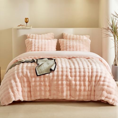 Tokokimo Housse de Couette Peluche 220x240 avec 2 Taies d'oreiller 65x65 cm - Chaud Hiver Moelleux Fourrure de Lapin Peluche Parure de Lit 240x220 avec Fermeture éclair, Rose