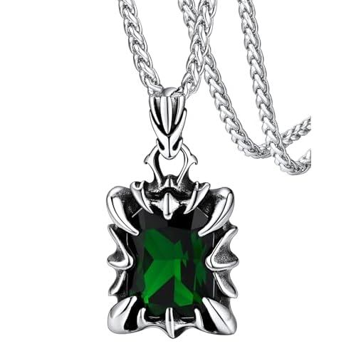 FaithHeart Gothic Dragon Claw Necklace for Men, Punk Biker Stainless Steel Amulet Pendant with Black/Red/Green/Blue Gemstone, Gift Box Green Stone-Silver