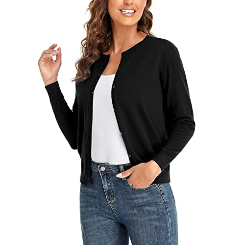 CUNYI Cardigan de Punto para Mujer Rebeca Cuello Redondo Clásico Manga Larga Chaqueta de Mujer con Botones Abrigo Elegante, Negro L