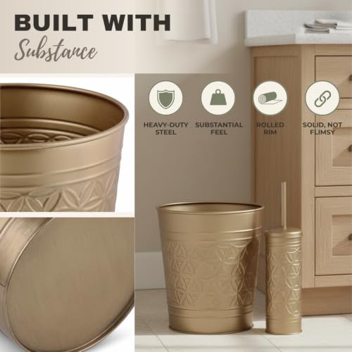 Image of Autumn Alley Farmhouse Antique Gold Bathroom Accessories Set - Includes Gold Bathroom Trash Can & Toilet Brush with Holder, Handcrafted Modern Waste Bin & Standing Toilet Brush, Embossed Metal Decor