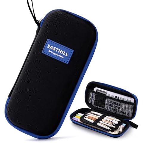 EASTHILL Hard Large Capacity Pencil Case Box, Durable Pen Pouch Bag with Zipper Compartments for Office Organizer Adluts-Blue Cover