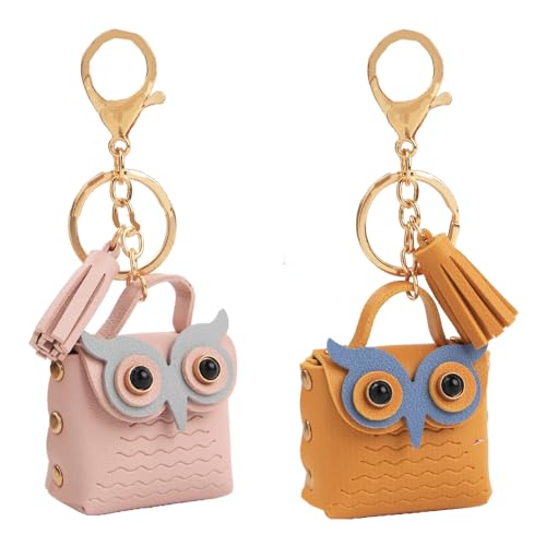 2Pcs PU Leather Cute Owl Coin Purse Key Chain Couple Key Chain Small Pendant Purse Handbag Backpack Wallet Decor