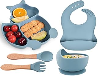 Hoseay Baby Feeding Set,5 in 1 Toddler Weaning Silicone Suction Plate and Bowl Spoon Fork Bibs Dining Set for Babies, BPA Free Baby Meal Sets for Boys Easy Clean Tableware, Blue Squirrel