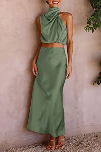 Prettygarden Women's 2 Piece Satin Outfits Summer Sleeveless Mock Neck Crop Tops And Long Skirt Dress Sets (Army Green,Large) #TOP4