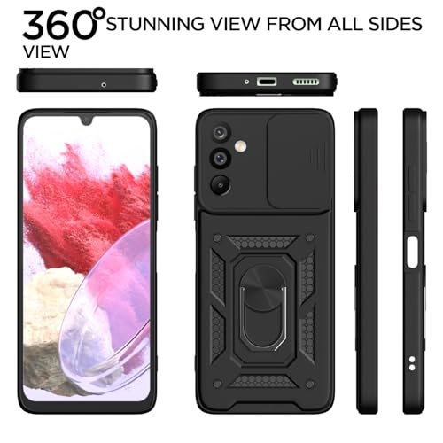 Image of Amazon Basics Back Cover for Samsung Galaxy M16 5G | 360 Protection Case | Sliding Camera Sheild Cover & Ring Holder Stand D10 Tough Armor Bumper Case (Black)