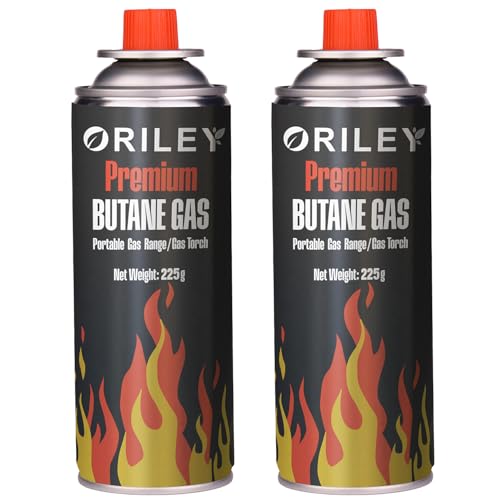 Image of ORILEY 2 x 225g Butane Gas Canister Portable and High Pressure Refill Fuel Cartridges for Camping Stove Outdoor Cooking & Lighter Welding Torch Fogging Machine (Pack of 2)