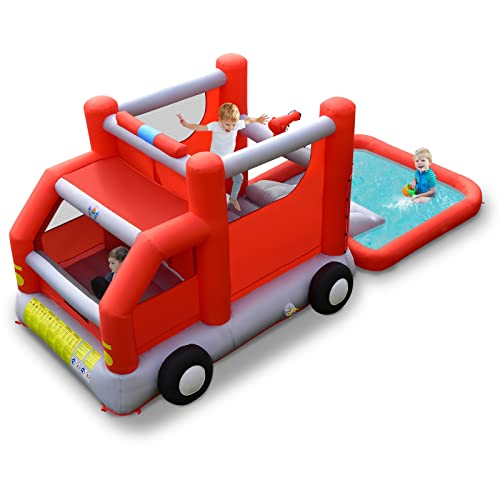 RELAX4LIFE Castello Gonfiabile, 564 x 268 x 212CM, Parco Acquatico a Tema Camion dei Pompieri con Cabina, Casetta per Saltare, Scivolo d'acqua (Senza soffiatore)