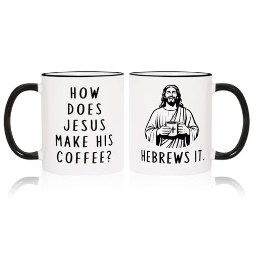 Shqiueos Funny Christian Gifts for Women Men – Jesus He Brews It Coffee Mug 11oz, Religious Humor Gift, Christmas Birthday Present for Friends Coworkers Bible Verse Faith Cup, Pastor Appreciation Gift