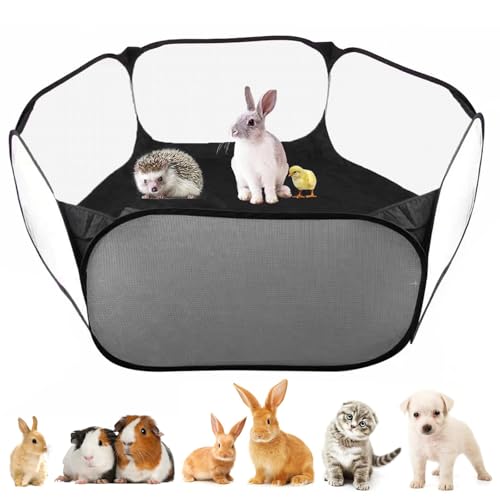 Small Animal Pet Playpen - Waterproof Foldable Breathable & Transparent Pop up Hamster Playpen, Open Cage Tent Exercise Portable Yard Fence for Chick,Guinea Pig,Hamster,Chinchillas,Hedgehogs(Black)