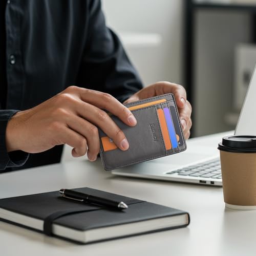 Buffway Mens Slim Wallet, Minimalist Thin Front Pocket Leather Credit Card Holder with RFID Blocking for Work Travel