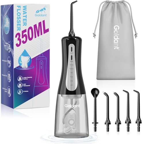 GOLDANT 350ML Water Dental Flosser Teeth Pick with Travel Bag, 5 Modes Portable Cordless Oral Irrigator Cleaner, Electric Rechargeable IPX7 Waterproof for Home Travel Teeth Cleaning flossing(Black)