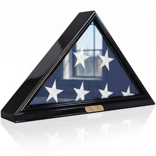 Bey-Berk Custom Personalized Solid Wood Triangle Glass Front Flag Display Case, Holds 5' x 9.5' Folded Funeral Flag or Burial Flag - Black