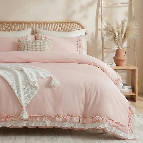 Merryword Pink Cotton Ruffled Comforter Set Queen, Vintage Shabby Chic