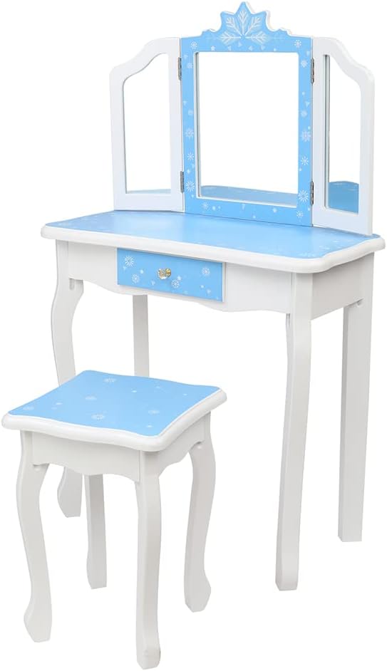 Kids Vanity Princess Vanity Makeup Table Set, Girls Vanity Set of Table, Chair and 3 Sided Folding Mirror Kids Table Pull-Out Drawer with Blue Snowflake Style
