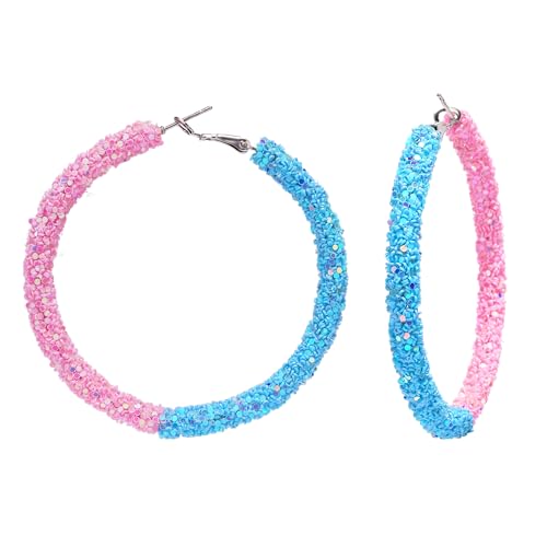 RareLove He or She Gender Reveal Gifts Pink and Blue Earrings Glitter Sequin Lightweight Big Hoop Earrings for Women