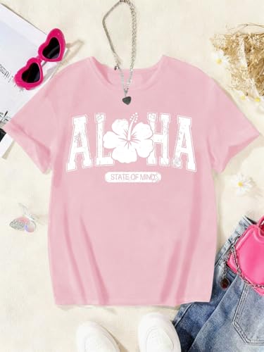 Image of SHENHE Girl's Summer Hawaiian Shirt Aloha Tropical Graphic Cute Crewneck Short Sleeve T Shirts Teen