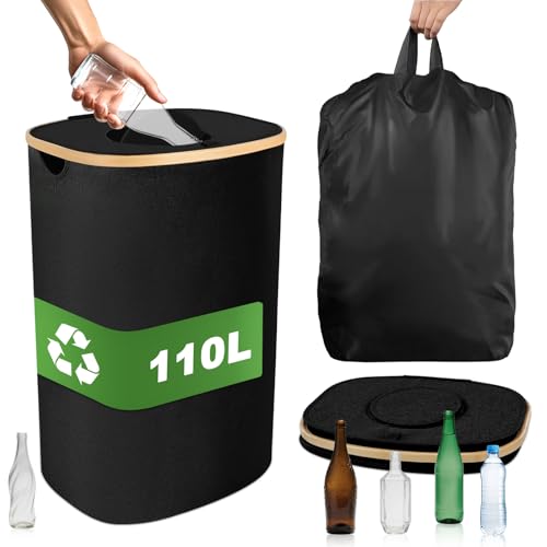 110L Poubelle Recyclage avec Couvercle & Sacs Transport, Rangement Bouteille Plastique & Verre Déchets, Collecteur Tri Sélectif avec Trou, Récipient Bouteilles Consignées pour Cuisine, Extérieur(Noir)