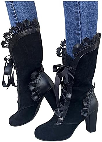 Hbeylia Lace Mid Calf Combat Boots For Women Ladies Goth Vintage Suede Lace Up Round Toe Chunky High Heels Dress Riding Boots Gothic Lolita Dressy Pump Tattoo Winter Fall Tall Boots For Cocktail Party