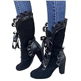 Hbeylia Lace Mid Calf Combat Boots For Women Ladies Goth Vintage Suede Lace Up Round Toe Chunky High