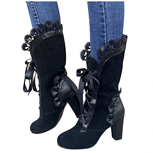 Hbeylia Lace Mid Calf Combat Boots For Women Ladies Goth Vintage Suede Lace Up Round Toe Chunky High Heels Dress Riding Boots Gothic Lolita Dressy Pump Tattoo Winter Fall Tall Boots For Cocktail Party #TOP6