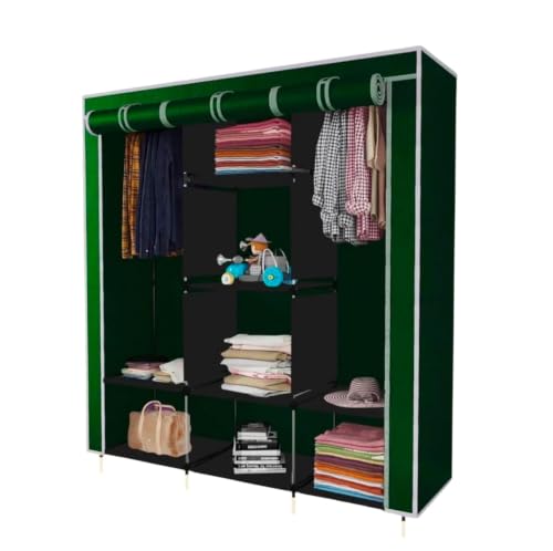 Image of Collapsible Wardrobe Closet for Clothes Storage, 8 Shelf Portable Fabric Almirah, Foldable Clothes Organizer with Plastic Frame, Space Saving Cupboard for Bedroom (Green)
