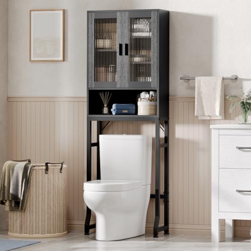 USHOWER Over The Toilet Storage Cabinet, Bathroom Organizers and Storage with Tempered Glass Doors, Thicken Metal Stand & MDF Wood Above Toilet Storage Cabinet, Freestanding Space Saver, Black
