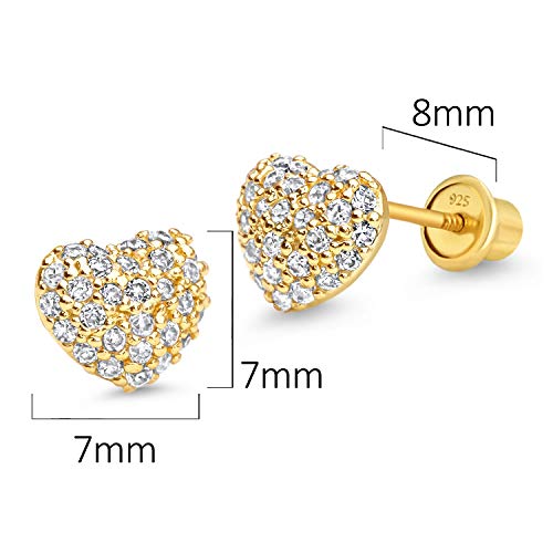 14k Gold Plated Brass Domed Heart Cubic Zirconia Screwback Girls Earrings with Sterling Silver Post2