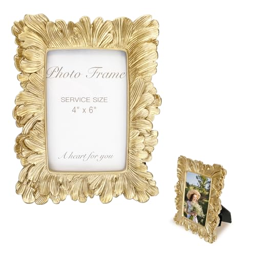 ERESGREAT Gold Picture Frames 4x6 Frames Vintage Golden Palm Leaves Resin Photo Frame for Wall and Tabletop Display Home Christmas Decor Vintage Picture Frame Plant Photo Frames(4X6 Gold Palm leaf)