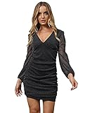 Halfword Women’s Sheer Sleeve Ruched Bodycon Dress Deep V Neck Elegant Mini Glitter Dress Night...